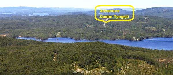 Luchtfoto van het Tyngsjö meer een deel van de kanotocht